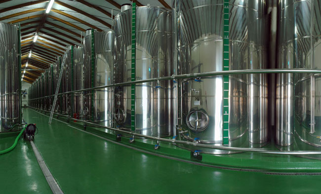 Bodega con tanques de almacenaje para aceite de oliva
